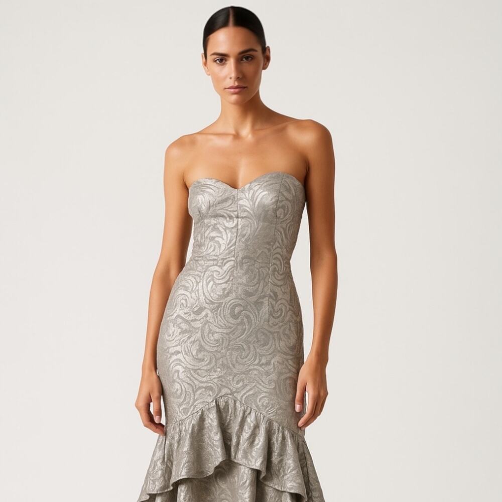 TD4 By Eletra Silver Metallic Strapless Ruffle Wedding Bridesmaid Gown Dress OS
